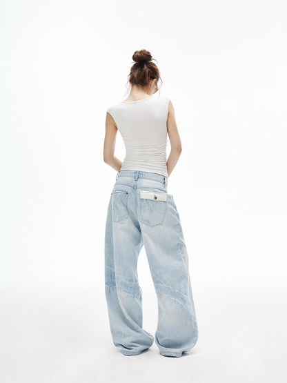 iamxiaa Ice Blue Washed Deconstructed Back Pockets Low Rise Women&