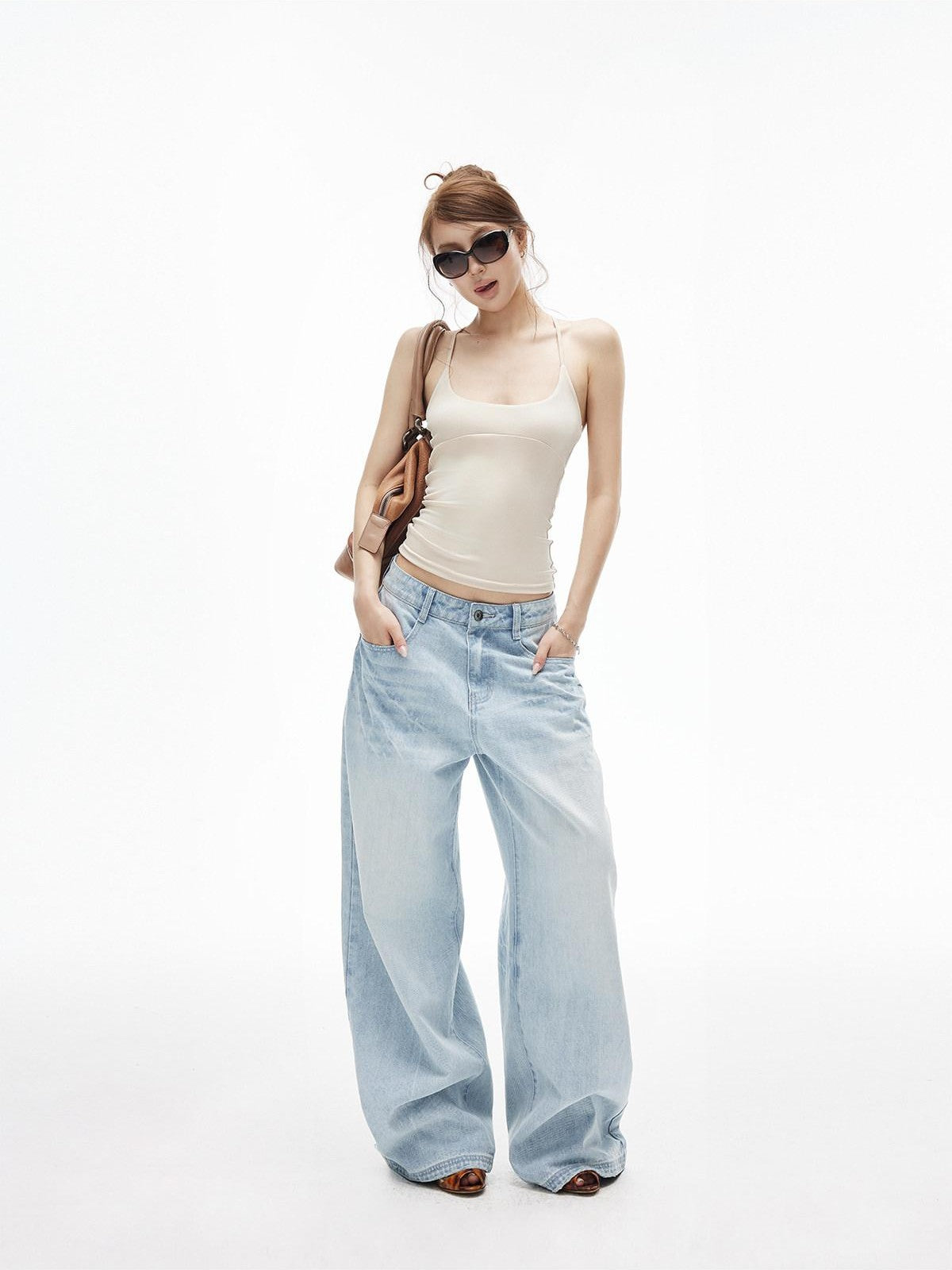 iamxiaa Ice Blue Washed Deconstructed Back Pockets Low Rise Women&