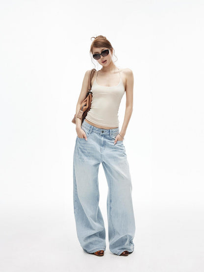 iamxiaa Ice Blue Washed Deconstructed Back Pockets Low Rise Women&