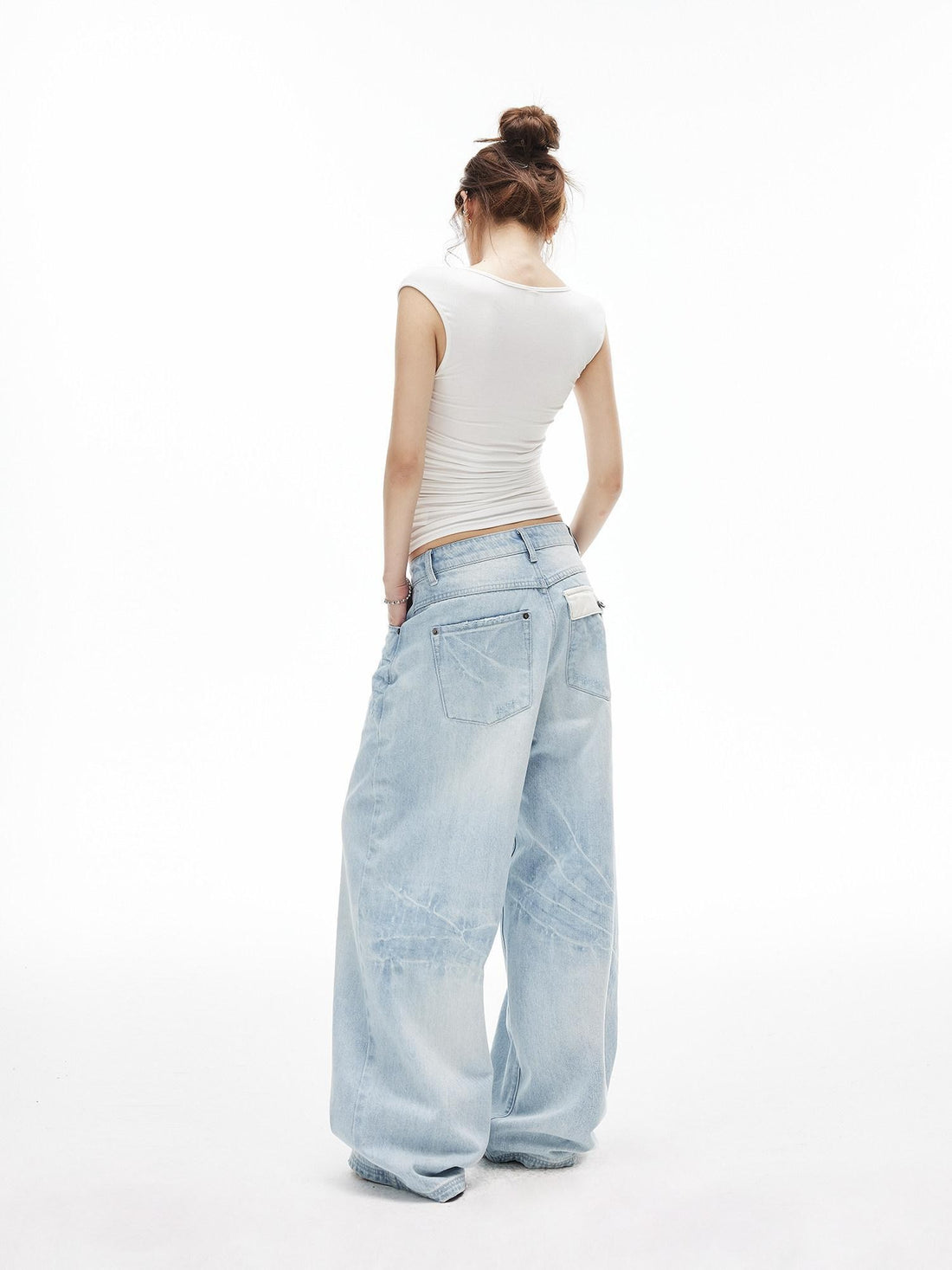 iamxiaa Ice Blue Washed Deconstructed Back Pockets Low Rise Women&