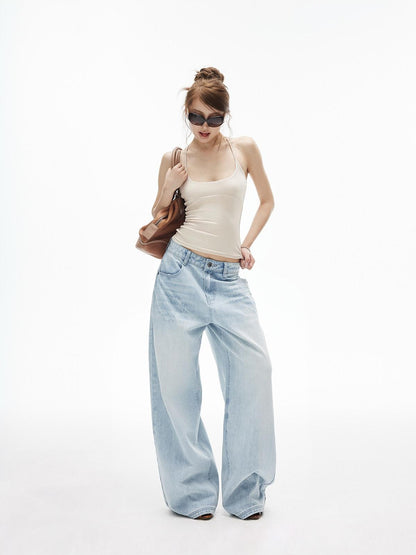 iamxiaa Ice Blue Washed Deconstructed Back Pockets Low Rise Women&