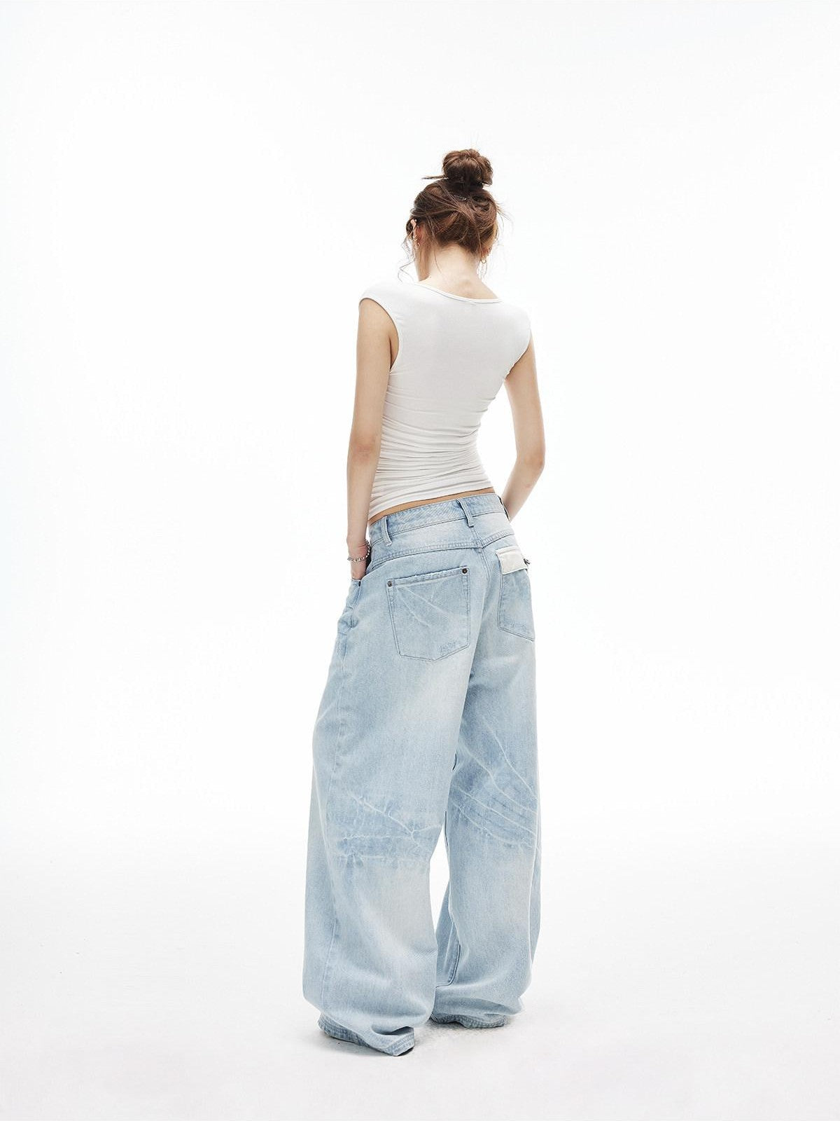 iamxiaa Ice Blue Washed Deconstructed Back Pockets Low Rise Women&