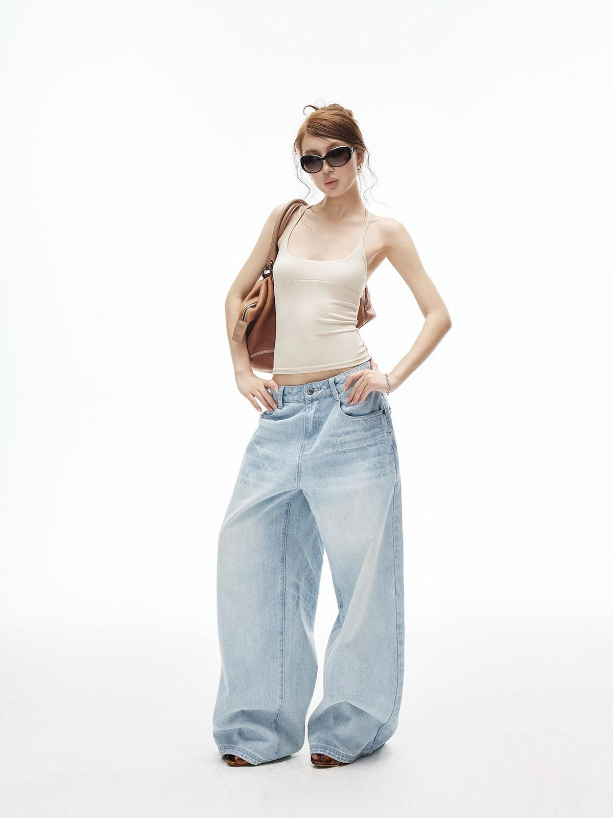 iamxiaa Ice Blue Washed Deconstructed Back Pockets Low Rise Women&