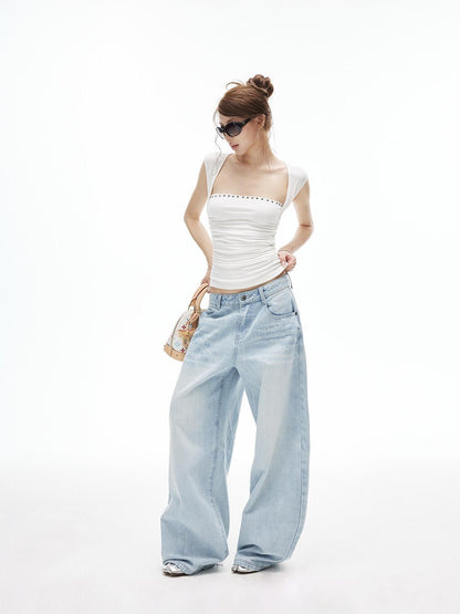 iamxiaa Ice Blue Washed Deconstructed Back Pockets Low Rise Women&
