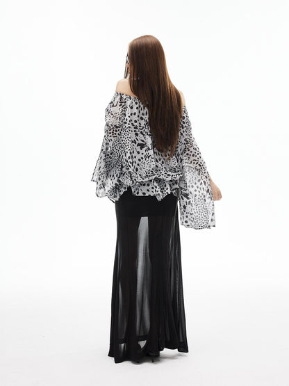 iamxiaa Ink Wash Leopard Off Shoulder Bell Sleeves Women&