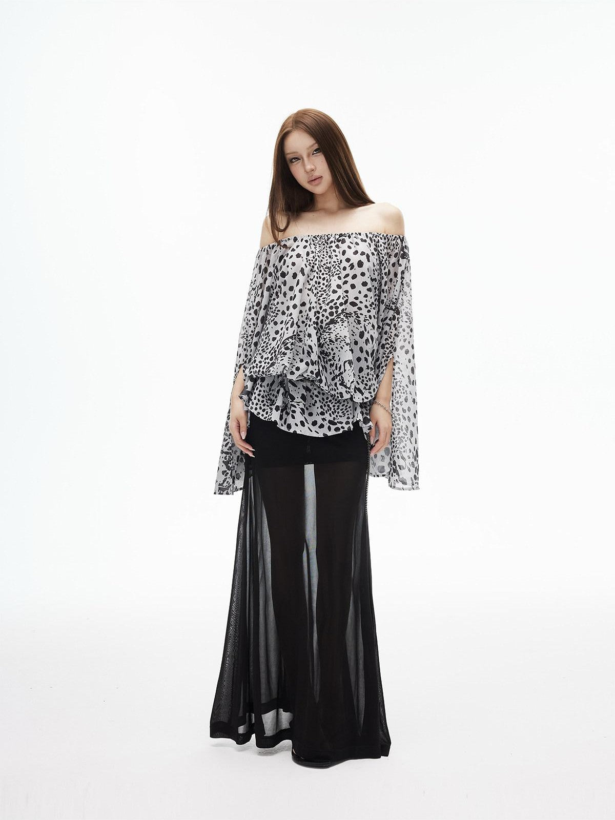 iamxiaa Ink Wash Leopard Off Shoulder Bell Sleeves Women&
