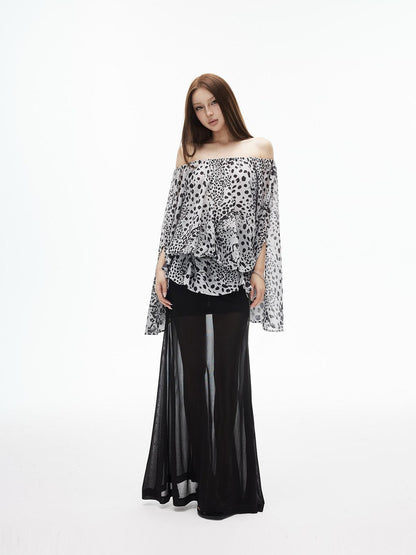 iamxiaa Ink Wash Leopard Off Shoulder Bell Sleeves Women&