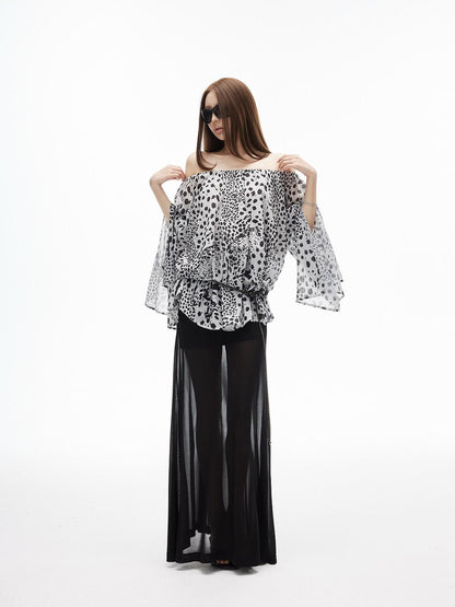 iamxiaa Ink Wash Leopard Off Shoulder Bell Sleeves Women&