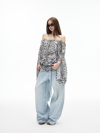 iamxiaa Ink Wash Leopard Off Shoulder Bell Sleeves Women&