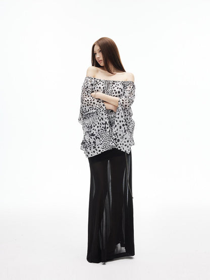 iamxiaa Ink Wash Leopard Off Shoulder Bell Sleeves Women&