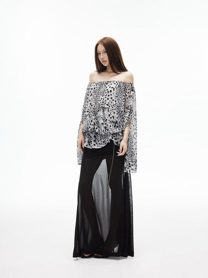 iamxiaa Ink Wash Leopard Off Shoulder Bell Sleeves Women&