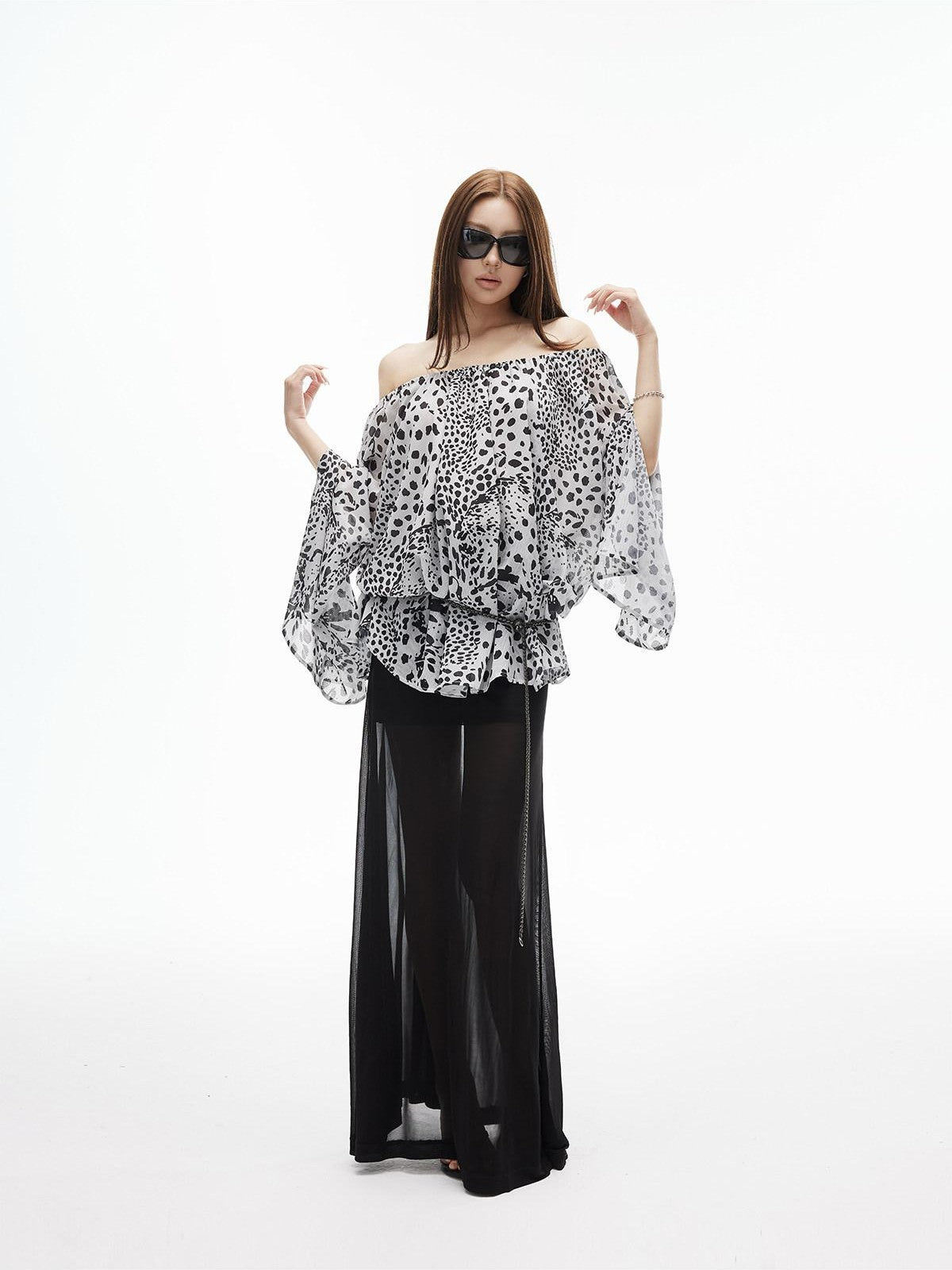 iamxiaa Ink Wash Leopard Off Shoulder Bell Sleeves Women&