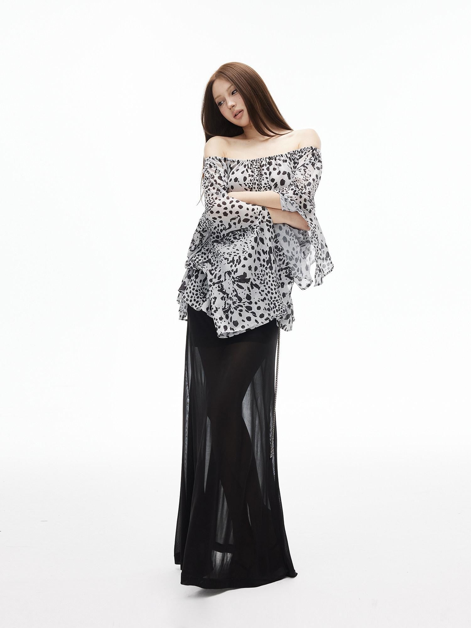 iamxiaa Ink Wash Leopard Off Shoulder Bell Sleeves Women&