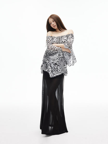 iamxiaa Ink Wash Leopard Off Shoulder Bell Sleeves Women&