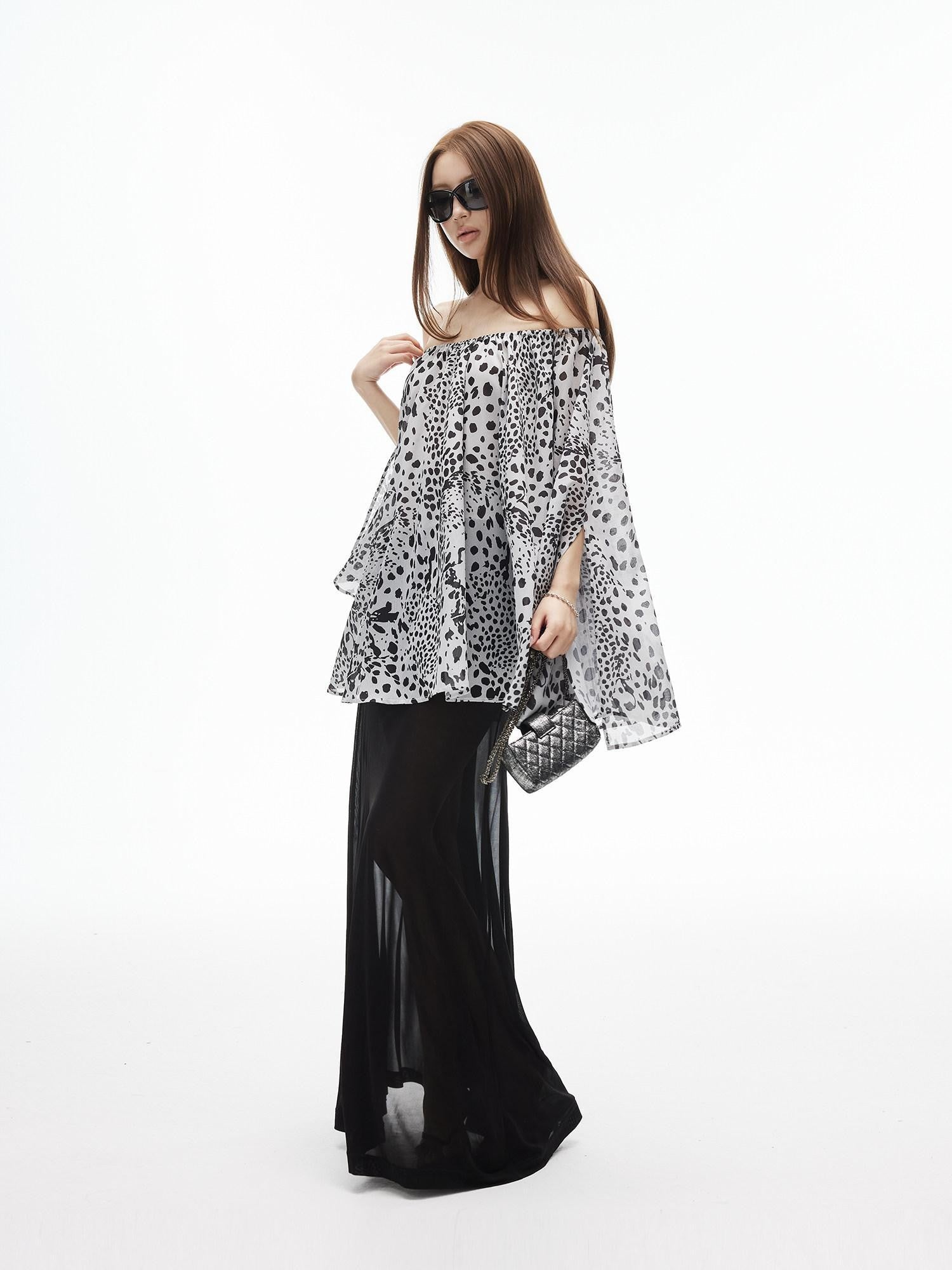 iamxiaa Ink Wash Leopard Off Shoulder Bell Sleeves Women&