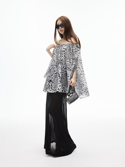 iamxiaa Ink Wash Leopard Off Shoulder Bell Sleeves Women&