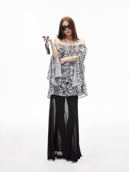 iamxiaa Ink Wash Leopard Off Shoulder Bell Sleeves Women&