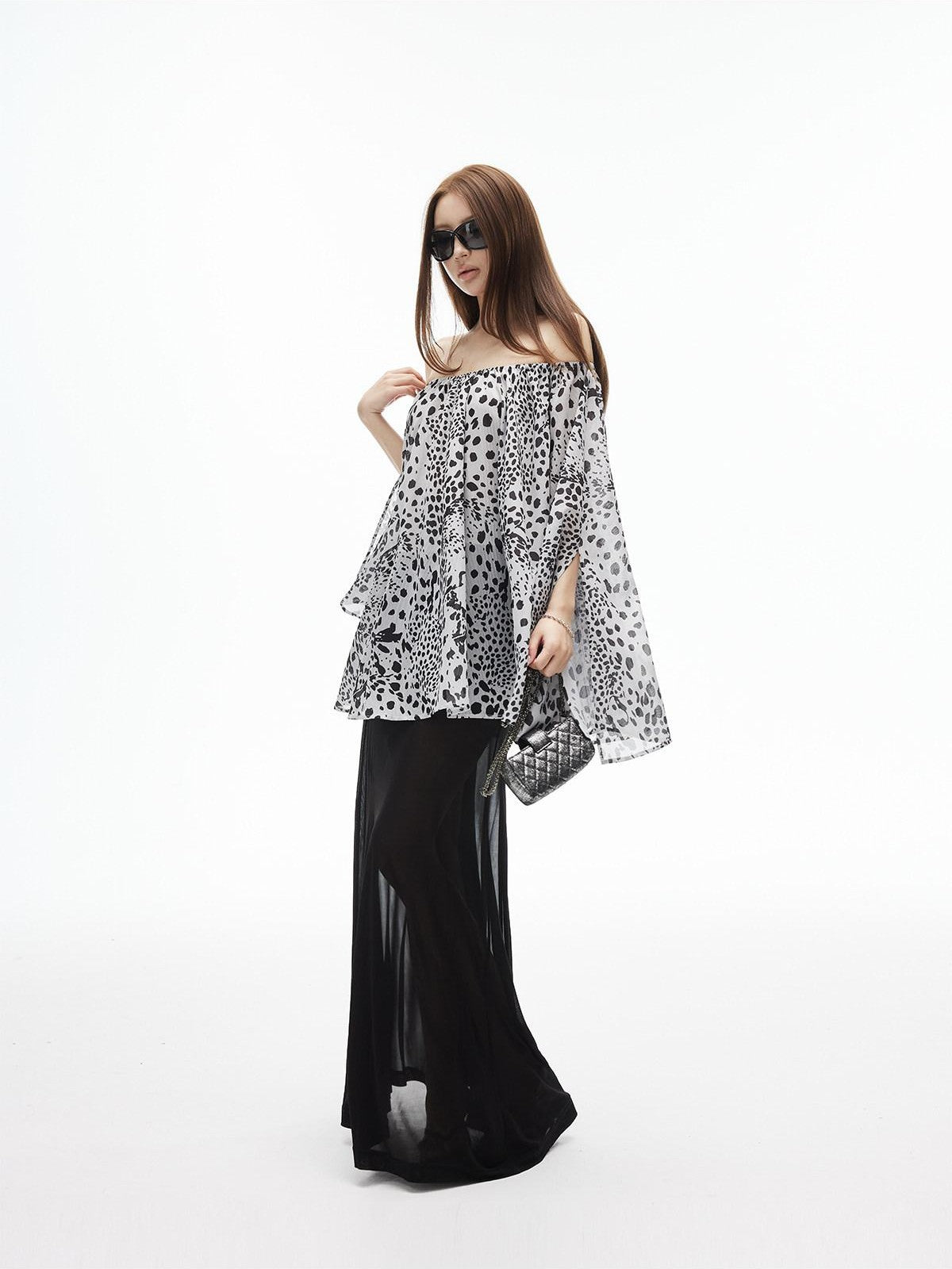 iamxiaa Ink Wash Leopard Off Shoulder Bell Sleeves Women&