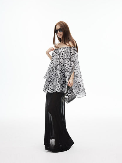 iamxiaa Ink Wash Leopard Off Shoulder Bell Sleeves Women&