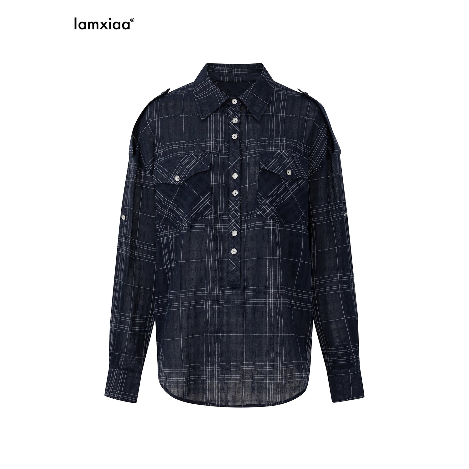 iamxiaa_Irregular_Navy_Textured_Check_Back_Tie_Metal_Buckle_Women&