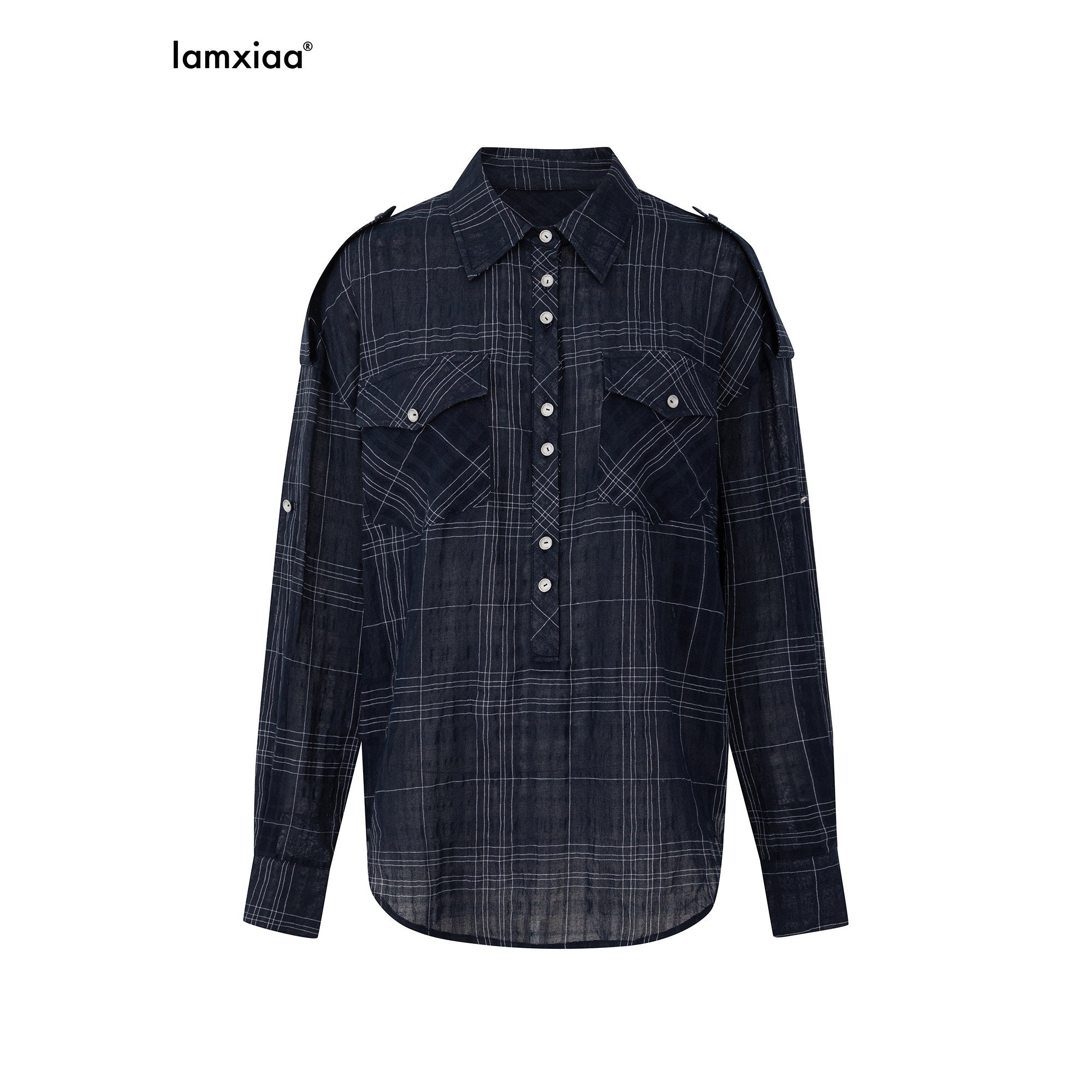 iamxiaa_Irregular_Navy_Textured_Check_Back_Tie_Metal_Buckle_Women&