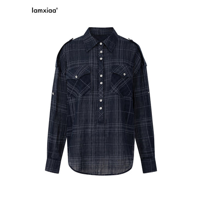 iamxiaa_Irregular_Navy_Textured_Check_Back_Tie_Metal_Buckle_Women&