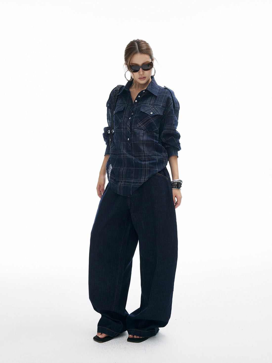 iamxiaa Irregular Navy Textured Check Back Tie Metal Buckle Women&