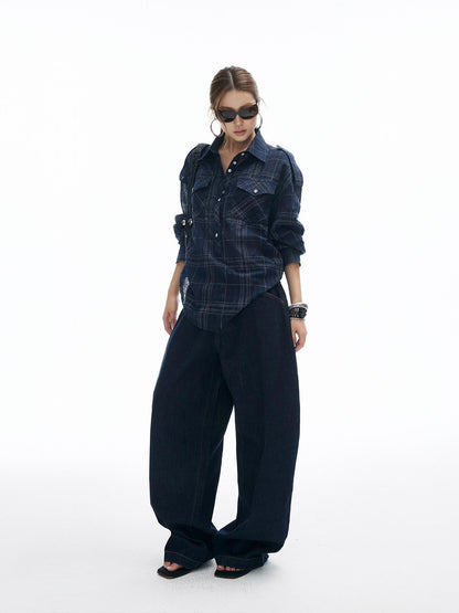 iamxiaa Irregular Navy Textured Check Back Tie Metal Buckle Women&