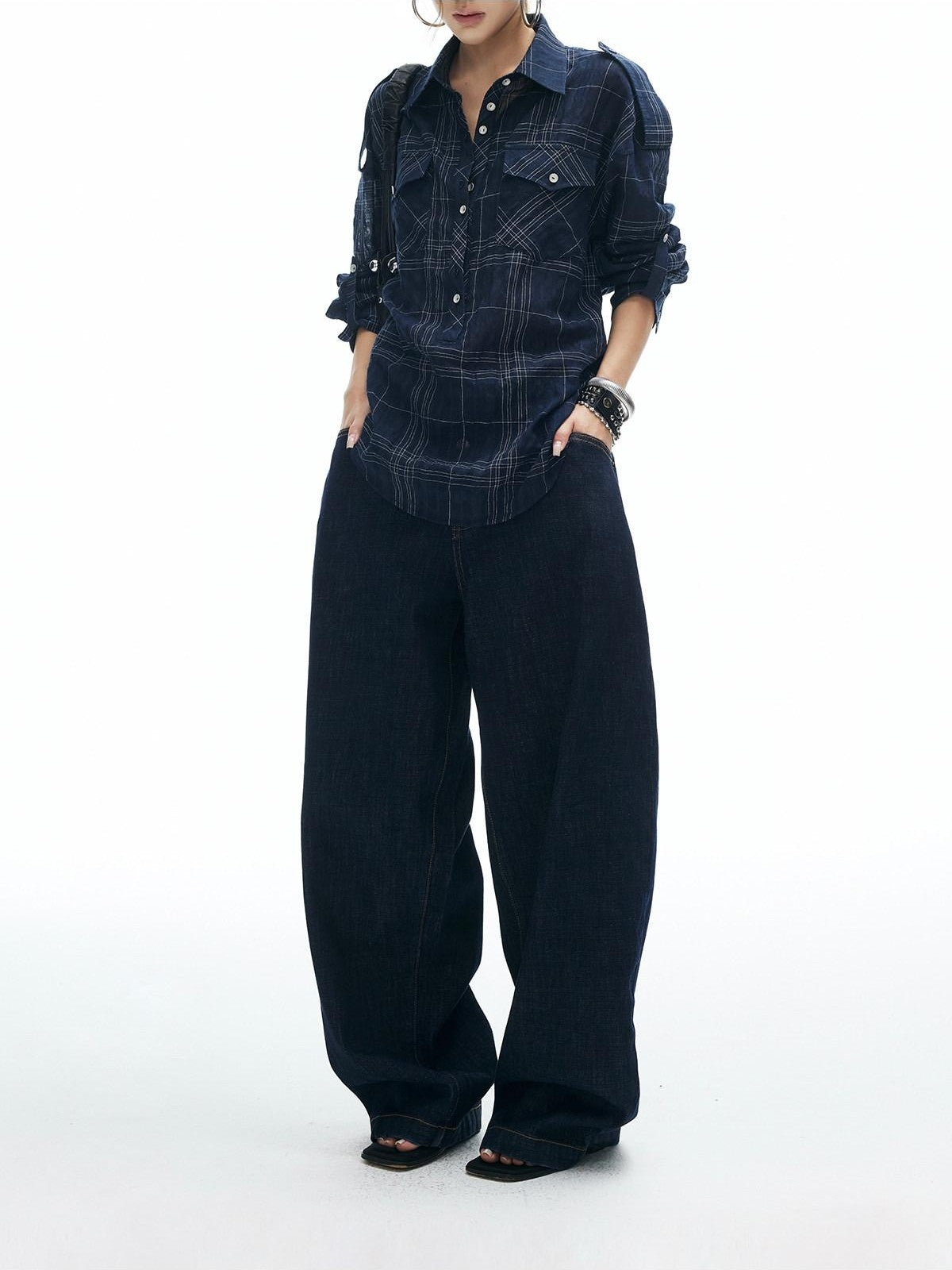 iamxiaa Irregular Navy Textured Check Back Tie Metal Buckle Women&