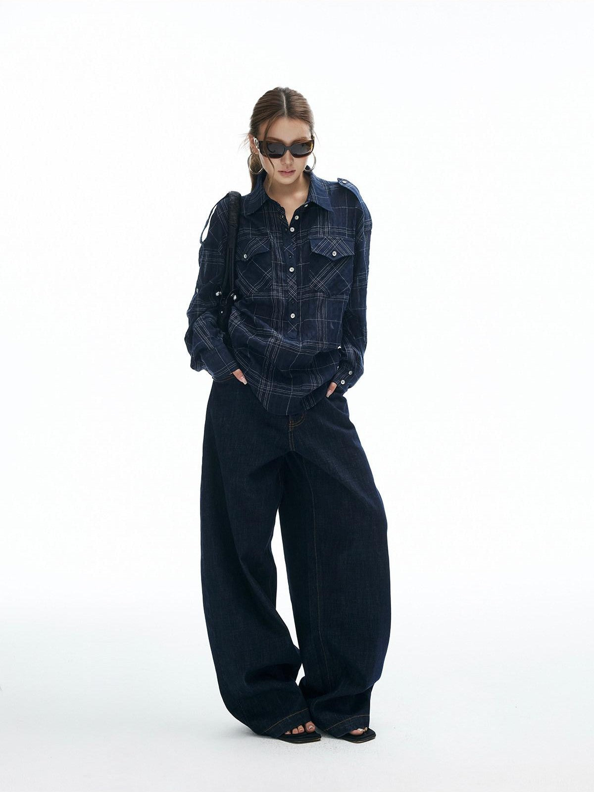 iamxiaa Irregular Navy Textured Check Back Tie Metal Buckle Women&