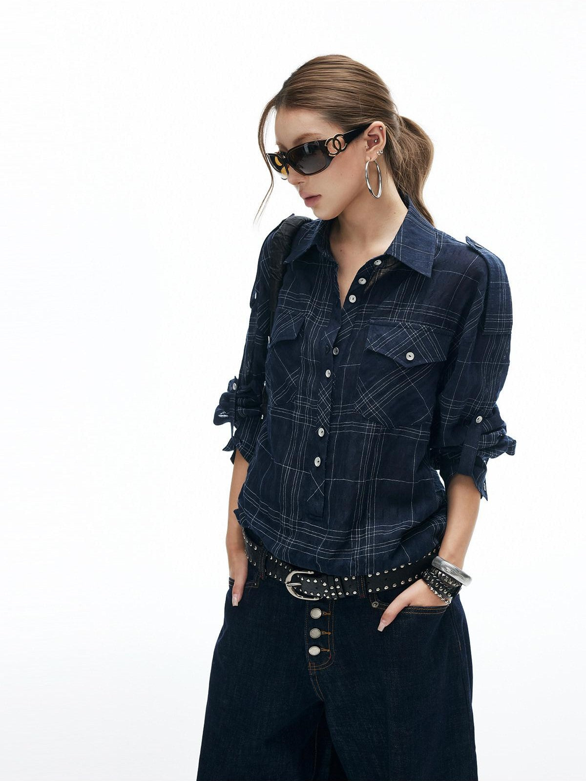 iamxiaa Irregular Navy Textured Check Back Tie Metal Buckle Women&