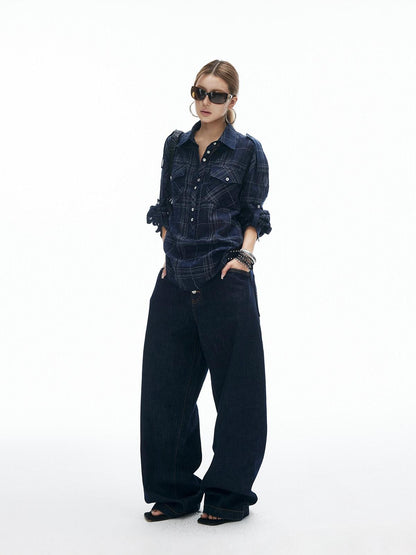 iamxiaa Irregular Navy Textured Check Back Tie Metal Buckle Women&