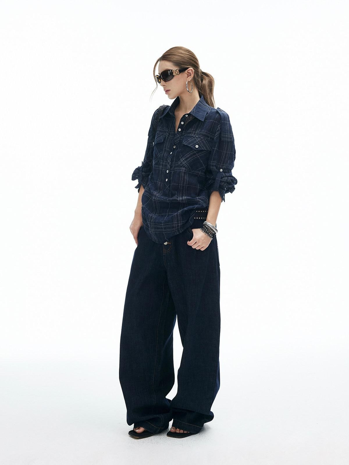 iamxiaa Irregular Navy Textured Check Back Tie Metal Buckle Women&