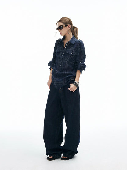 iamxiaa Irregular Navy Textured Check Back Tie Metal Buckle Women&