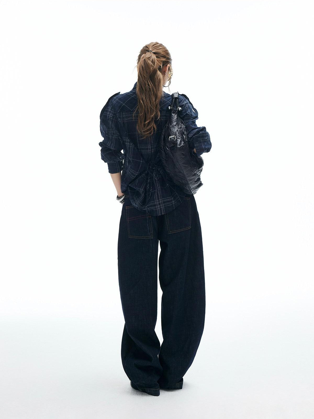 iamxiaa Irregular Navy Textured Check Back Tie Metal Buckle Women&