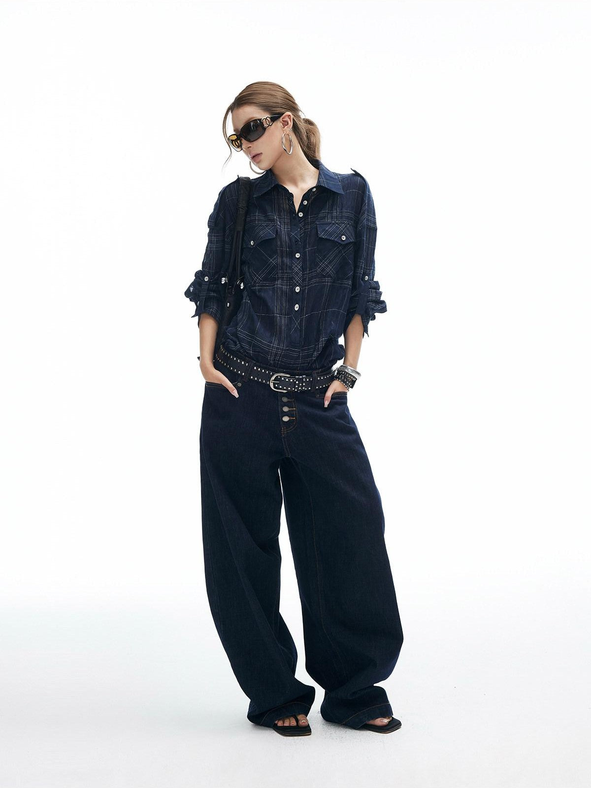 iamxiaa Irregular Navy Textured Check Back Tie Metal Buckle Women&