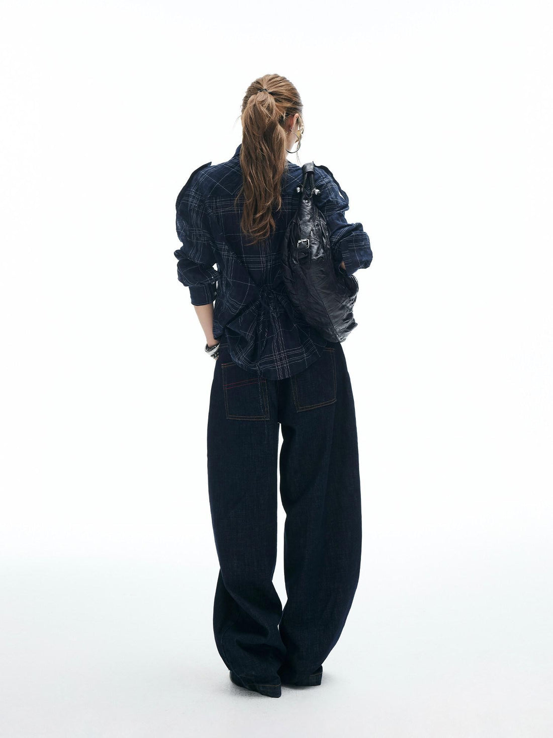 iamxiaa Irregular Navy Textured Check Back Tie Metal Buckle Women&