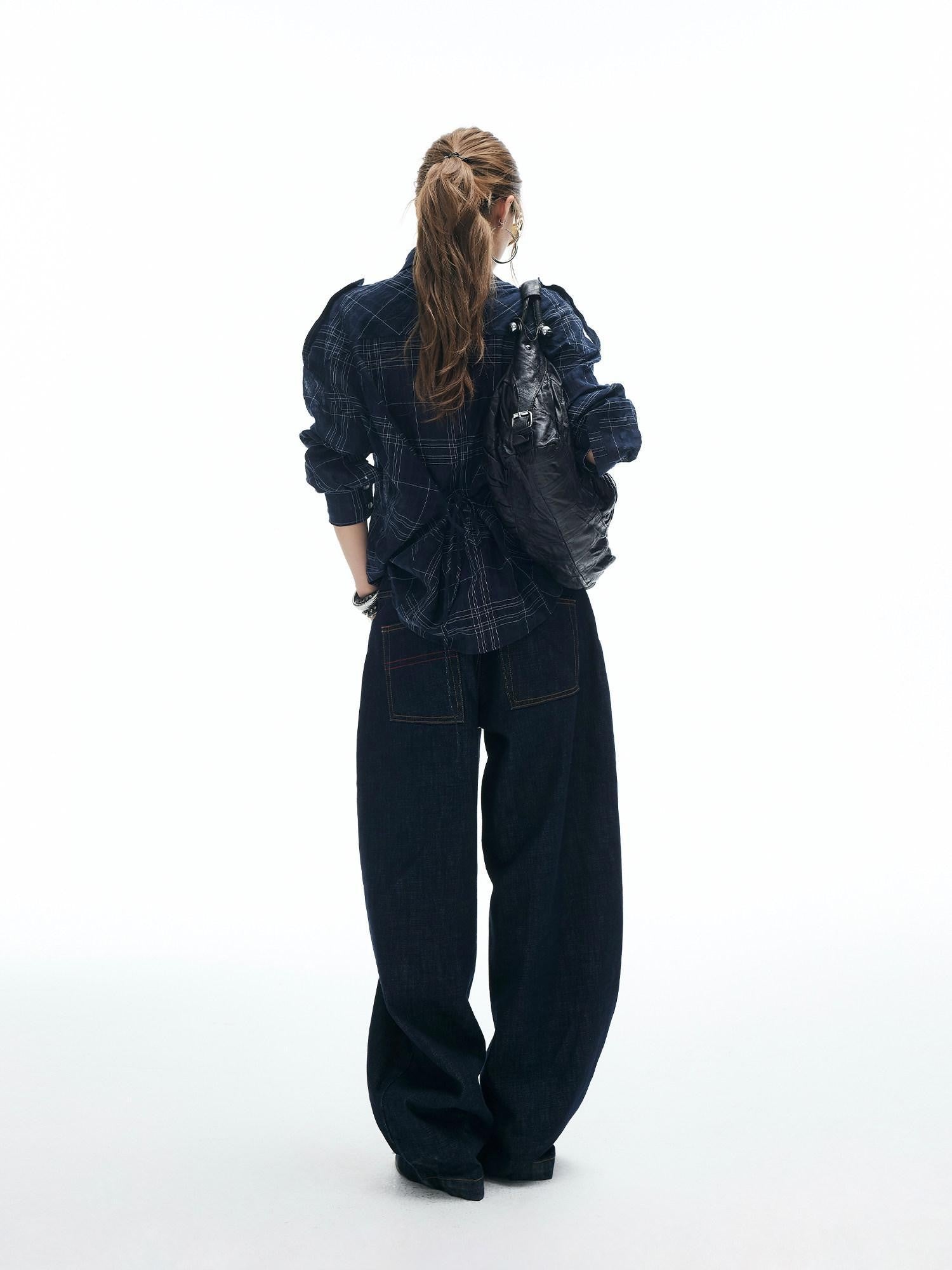 iamxiaa Irregular Navy Textured Check Back Tie Metal Buckle Women&