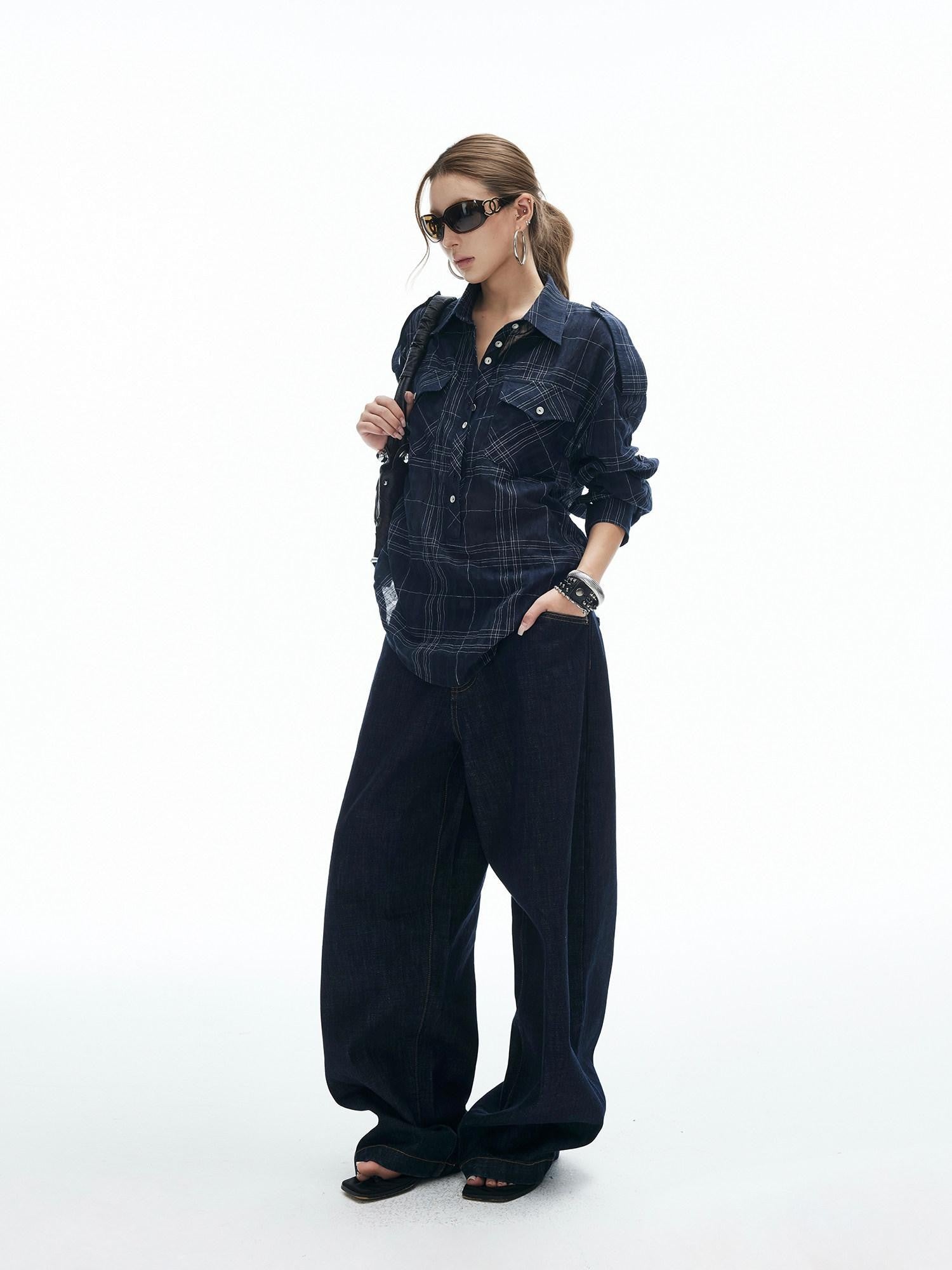 iamxiaa Irregular Navy Textured Check Back Tie Metal Buckle Women&