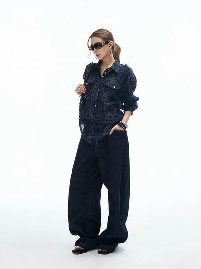 iamxiaa Irregular Navy Textured Check Back Tie Metal Buckle Women&