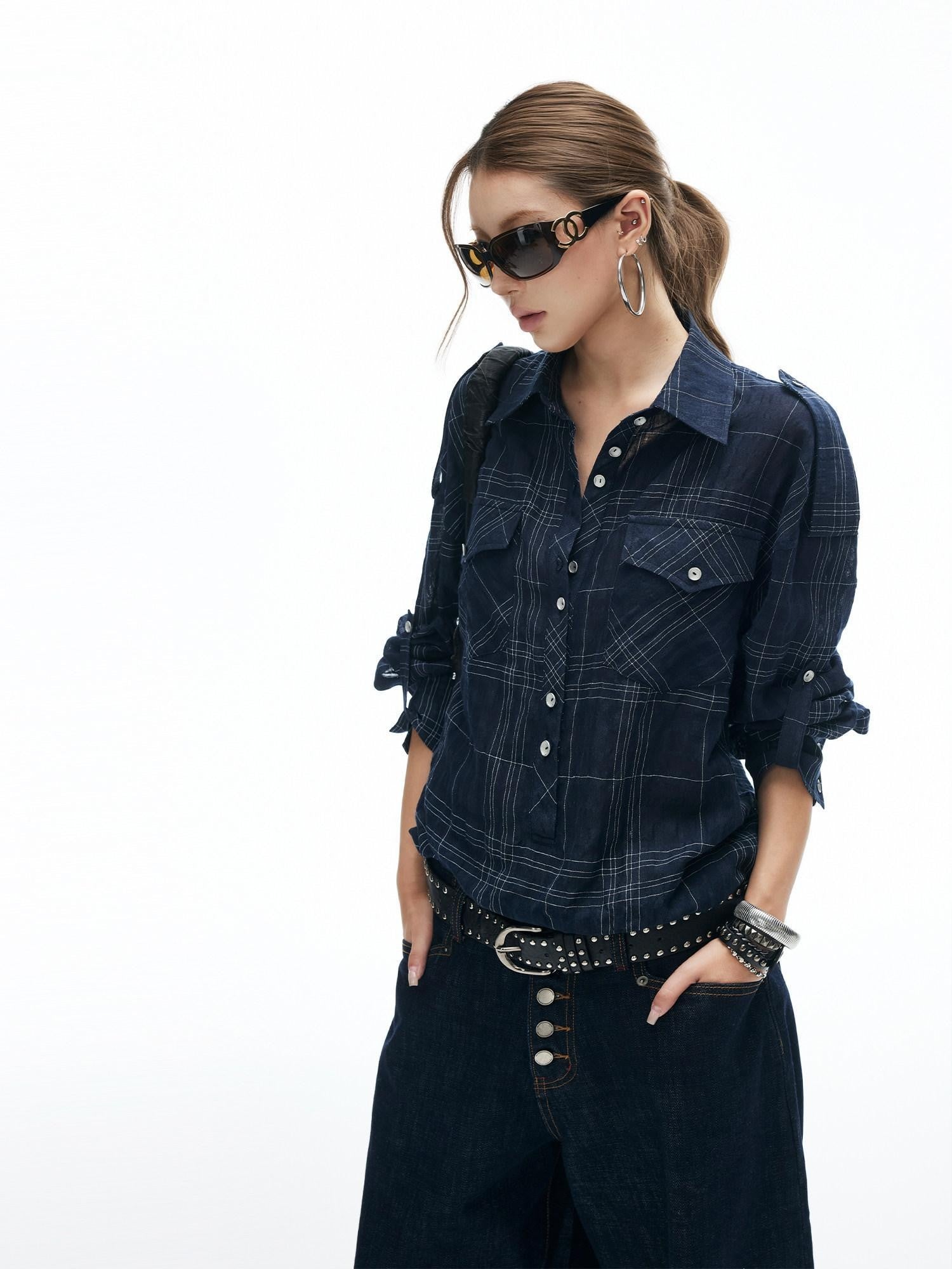 iamxiaa Irregular Navy Textured Check Back Tie Metal Buckle Women&