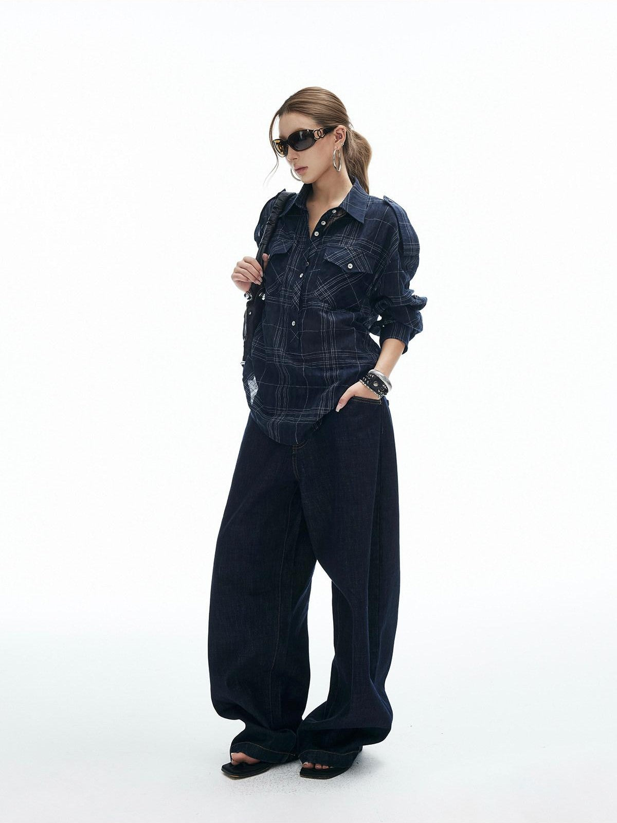 iamxiaa Irregular Navy Textured Check Back Tie Metal Buckle Women&