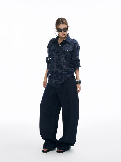 iamxiaa Irregular Navy Textured Check Back Tie Metal Buckle Women&