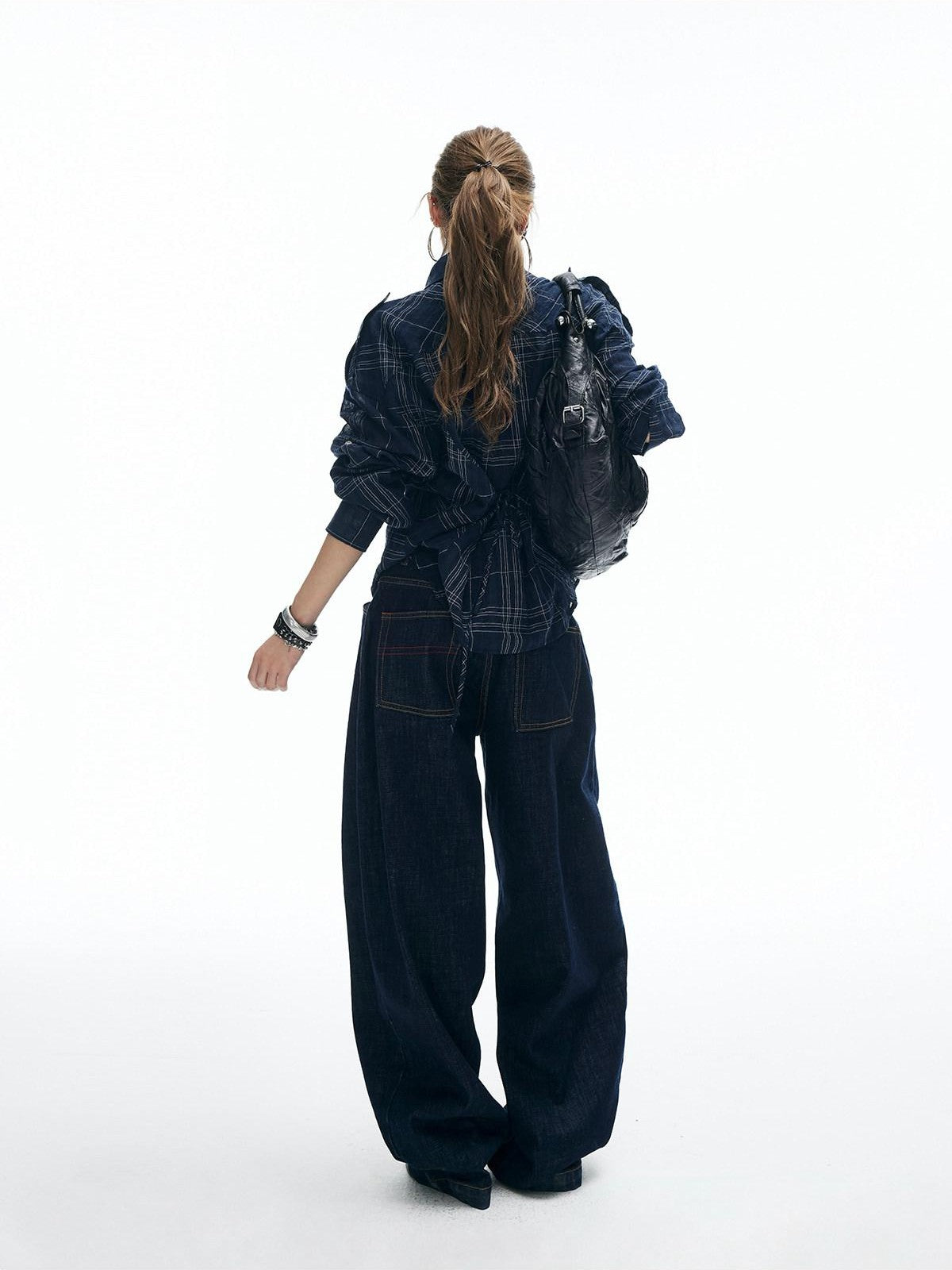 iamxiaa Irregular Navy Textured Check Back Tie Metal Buckle Women&