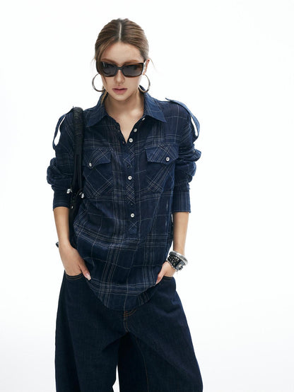 iamxiaa Irregular Navy Textured Check Back Tie Metal Buckle Women&