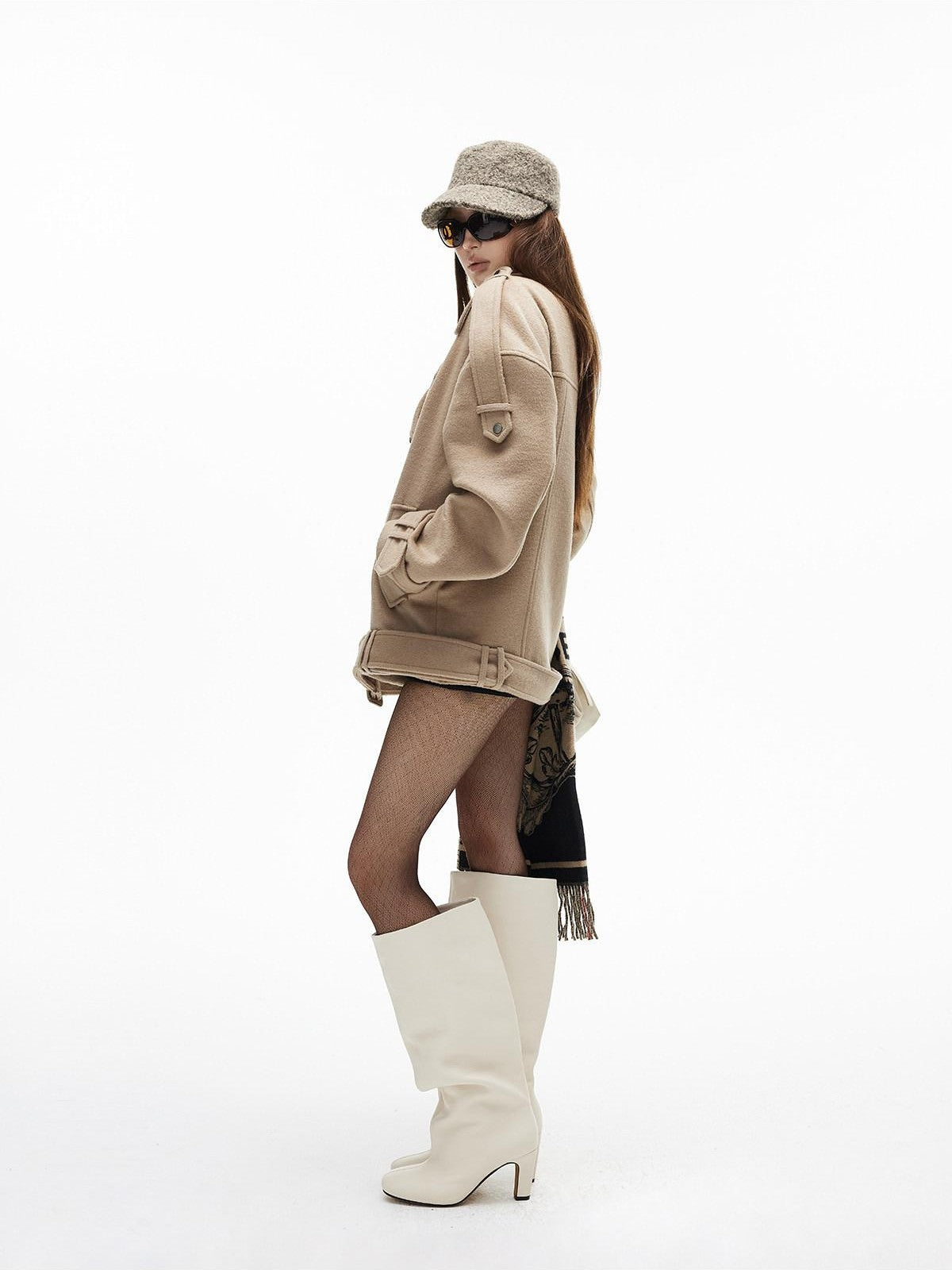 iamxiaa Khaki Asymmetric Biker Notched Lapel Vintage Women&