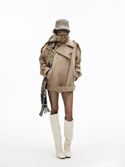 iamxiaa Khaki Asymmetric Biker Notched Lapel Vintage Women&