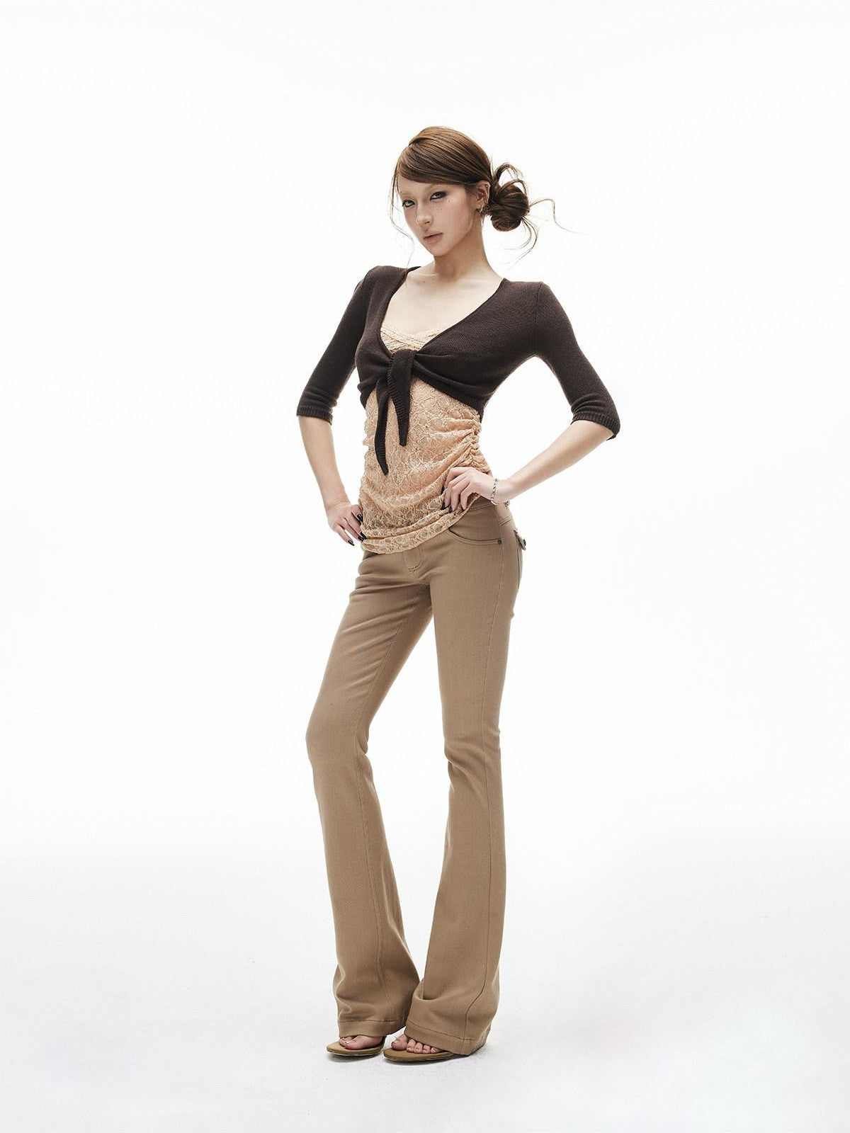 iamxiaa Khaki Slub Low Rise Flap Pocket Slim Women&