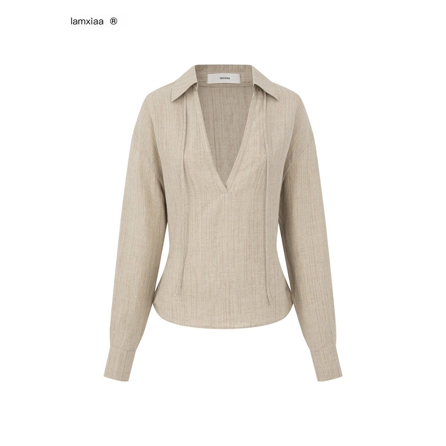 iamxiaa_Khaki_Textured_V-neck_Back_Tie_Drop_Shoulder_Women&