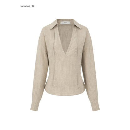 iamxiaa_Khaki_Textured_V-neck_Back_Tie_Drop_Shoulder_Women&